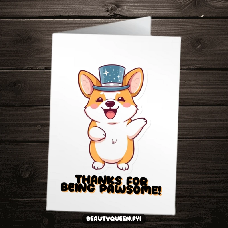 Funny free printable thank you card of a corgi in a sequined top hat, doing a happy little dance to say thank you.
