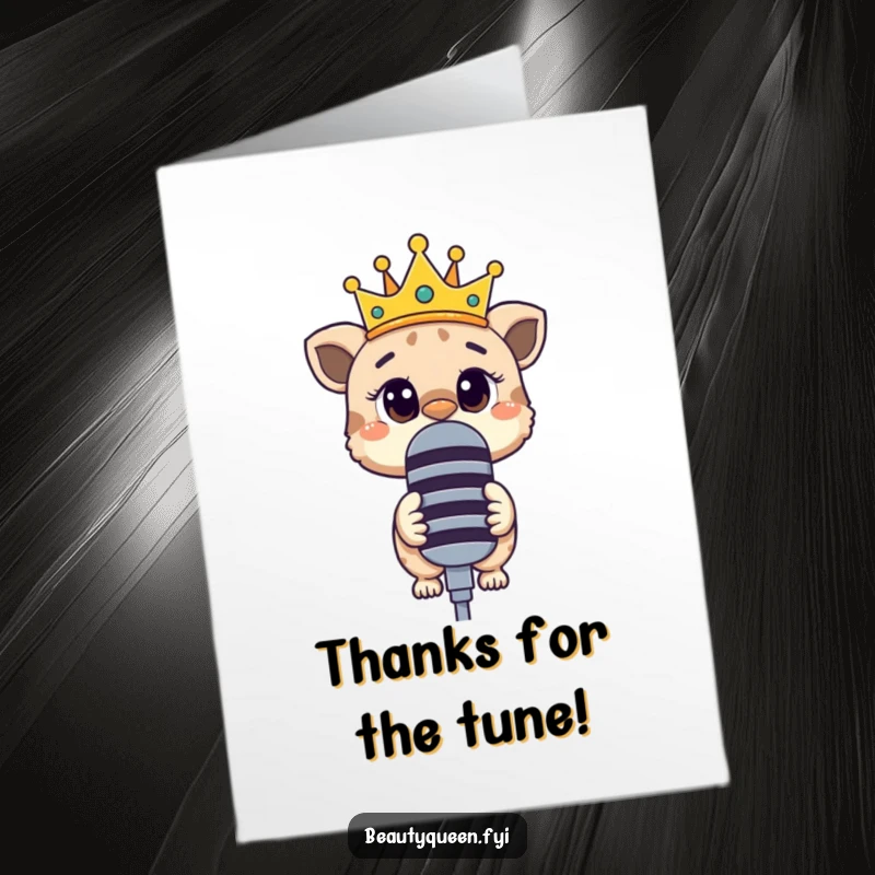 Free Printable Thank You Card: Curious animal with askew crown, peering over a microphone, giving thanks.