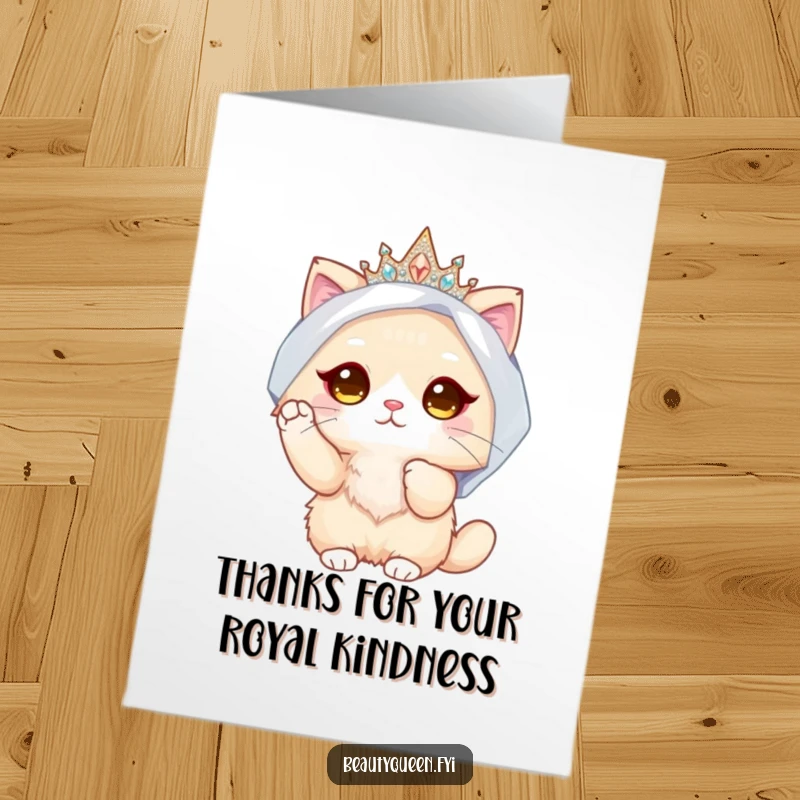 Funny free printable thank you card: fluffy cat queen in sparkly crown and veil, paw delicately adjusting it, grateful feline.