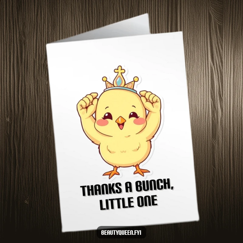 Funny Free Printable Thank You Card: A cute chick adjusting its tiara, expressing thanks with charm.