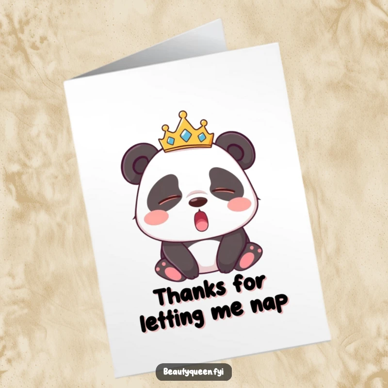 Funny free printable thank you card: a sweet, sleepy panda in a tiara, yawning with eyes closed, cute and funny.