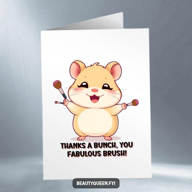 Funny Free Printable Thank You Card: Giggling hamster artist impressively juggles makeup brushes, thanking you with humor.