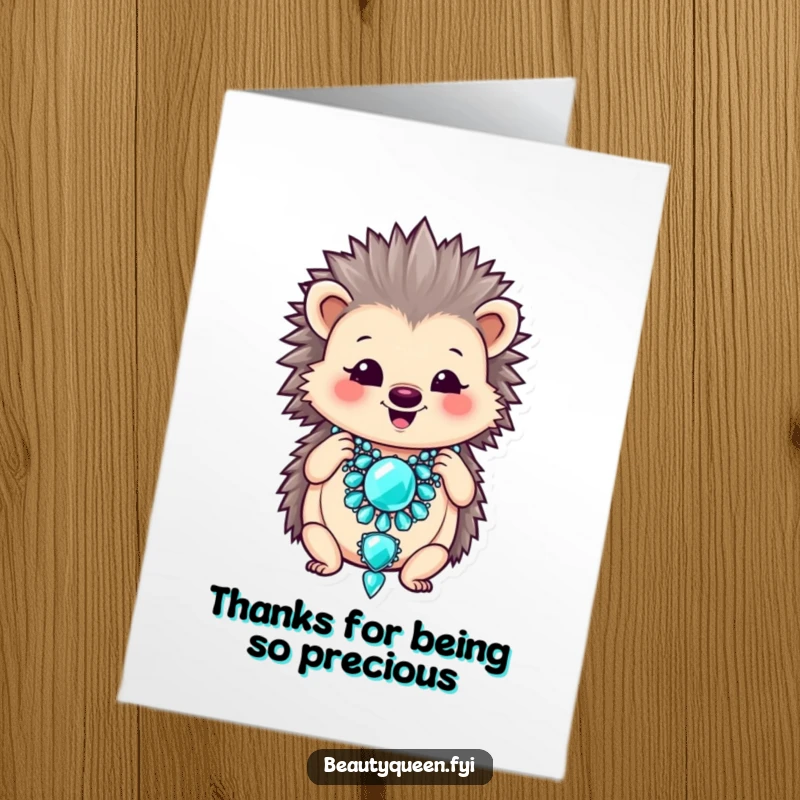 Funny Free Printable Thank You Card: A smiling hedgehog proudly adjusts an oversized jeweled necklace, expressing thanks.