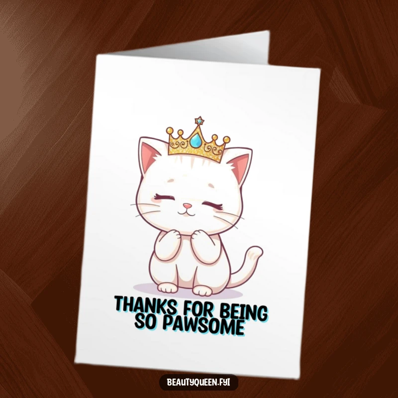 Funny Free Printable Thank You Card: A kawaii cat wearing a crown attempts a curtsy, showing polite appreciation humorously.