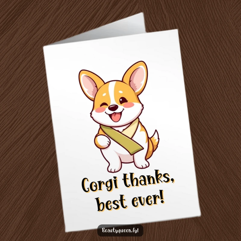 Funny free printable thank you card: A proud corgi wearing a sash, beaming with excitement, sending a big thank you with pure joy.