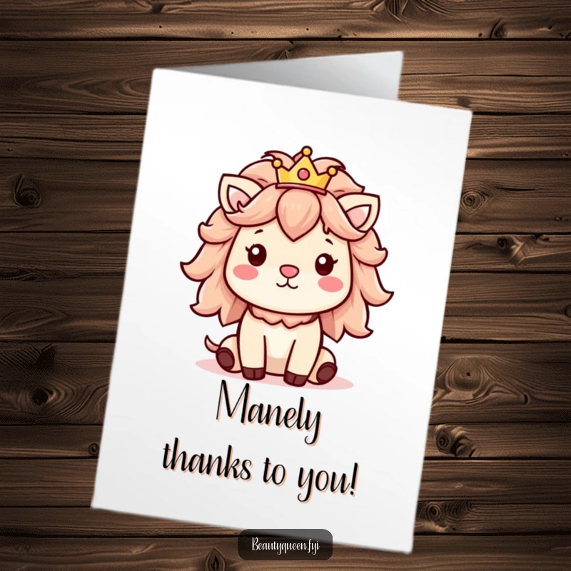 Free Printable Thank You Card: Cheerful animal with fluffy mane and tiny crown, conveying friendly thanks.