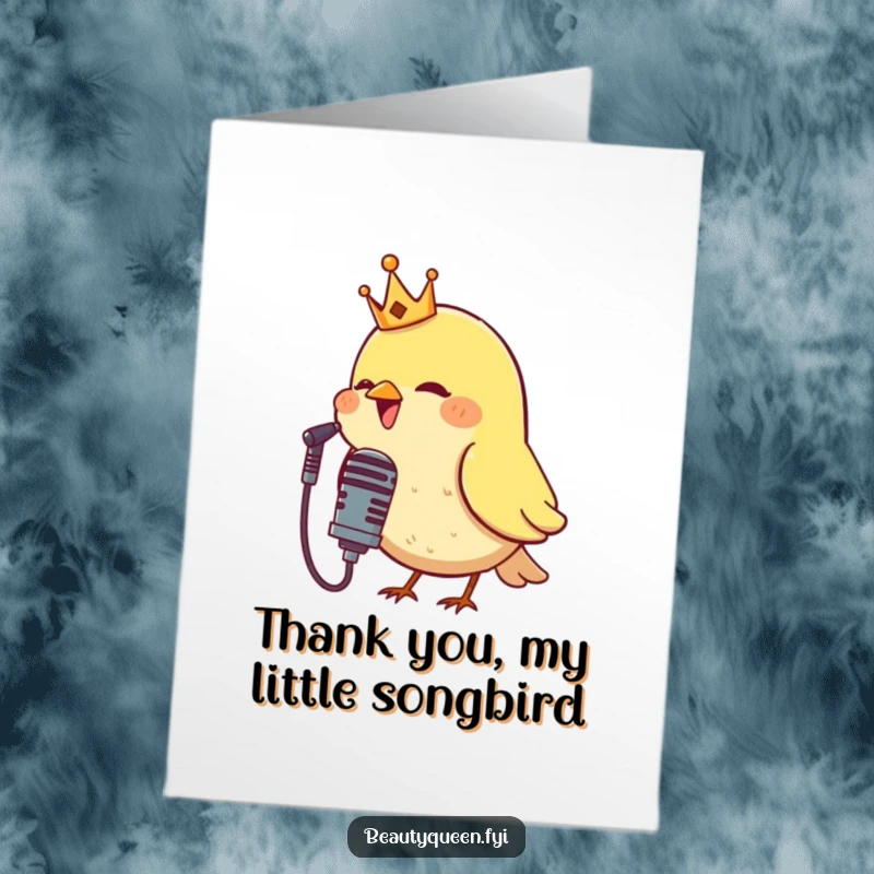 Funny Free Printable Thank You Card: A bird adorned with a crown sings sweetly into a microphone, offering thanks.