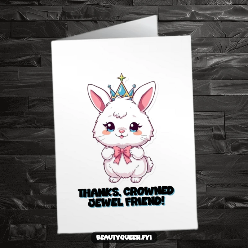 Funny Free Printable Thank You Card: Fluffy bunny in a sparkly crown strikes a playful pose with a bow.
