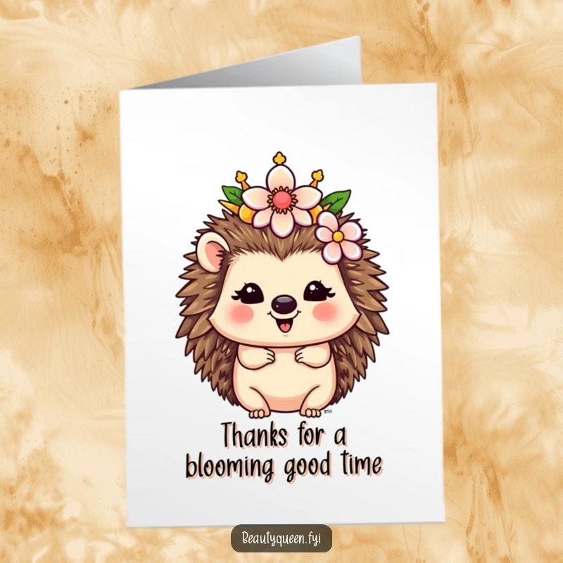 Funny Free Printable Thank You Card: Happy Hedgehog queen decorating her crown with a flower, offering sweet thanks.