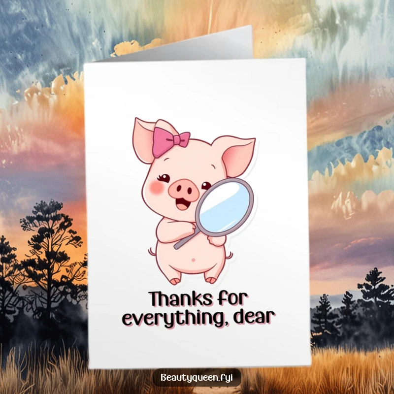 Funny Free Printable Thank You Card: A sweet piglet wearing a pink bow checks her look in a mirror.