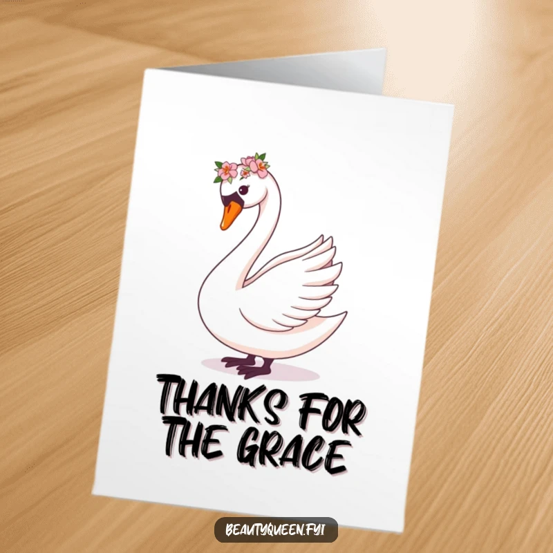 Funny Free Printable Thank You Card of a graceful swan elegantly curtseying, wearing a charming flower crown, conveying polite thanks.