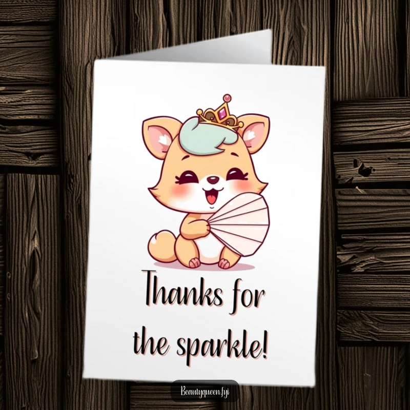 Funny Free Printable Thank You Card: Playful animal giggling behind a fan, tiara tilted, expressing humorous gratitude.