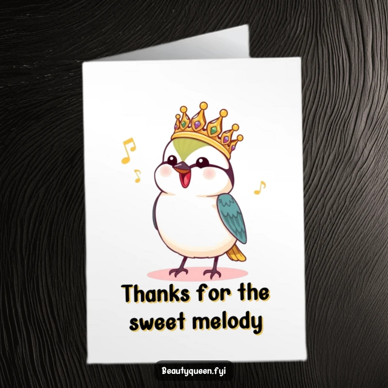 Funny Free Printable Thank You Card: Charming Chickadee in royal headdress chirping happily, expressing thanks.