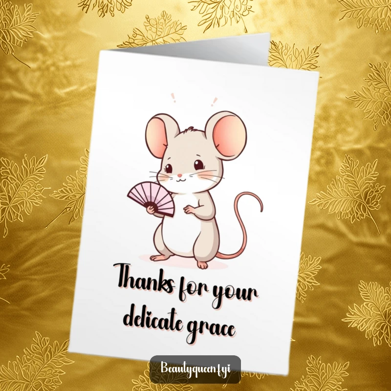 Funny Free Printable Thank You Card: A sweet mouse practices a regal wave with a tiny fan, sending thanks with downloadable art.