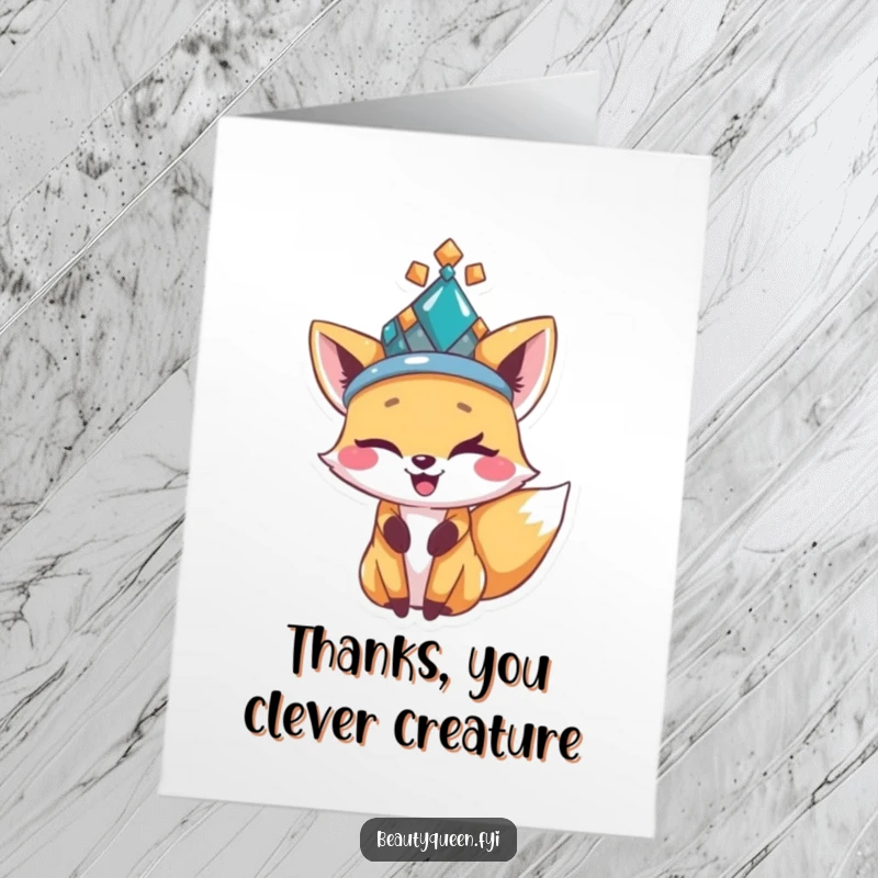 Funny Free Printable Thank You Card: A happy fox with a fancy jeweled hat winks sweetly.