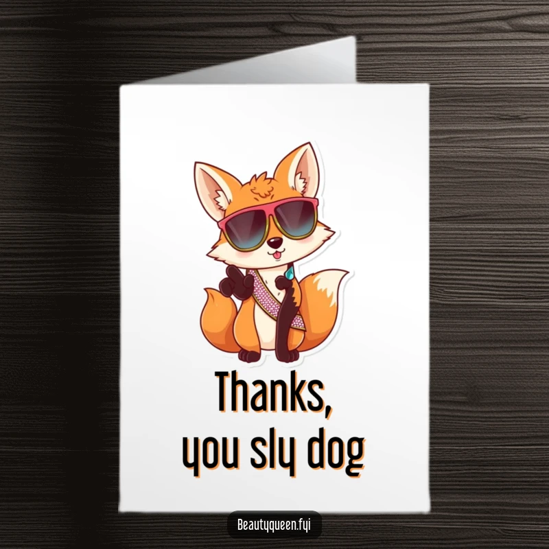 Funny Free Printable Thank You Card: A sassy fox in oversized sunglasses and a sparkly sash points a paw forward, offering a cool thank you.