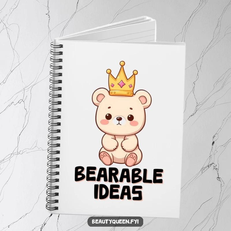 Funny bear notebook with a kawaii bear cub precariously balancing a tiny crown, ideal for jotting down notes and ideas.