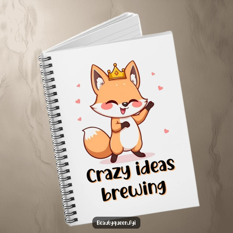 Funny fox notebook featuring a goofy fox with a tilted crown, performing a whimsical dance, ideal for capturing creative ideas with flair.