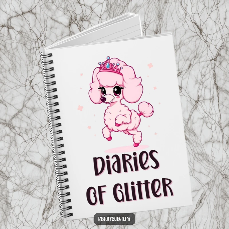 Funny poodle notebook with a fluffy pink poodle wearing a tiara and scattering sparkles, ideal for jotting down notes and ideas.
