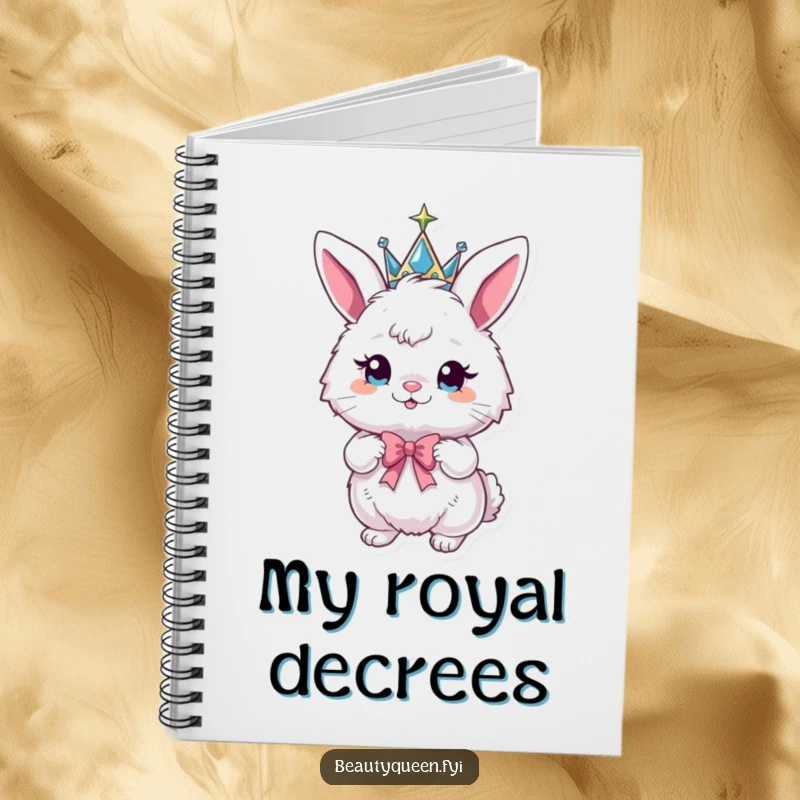 Funny bunny notebook showing a fluffy bunny wearing a sparkly crown and posing playfully with a bow.