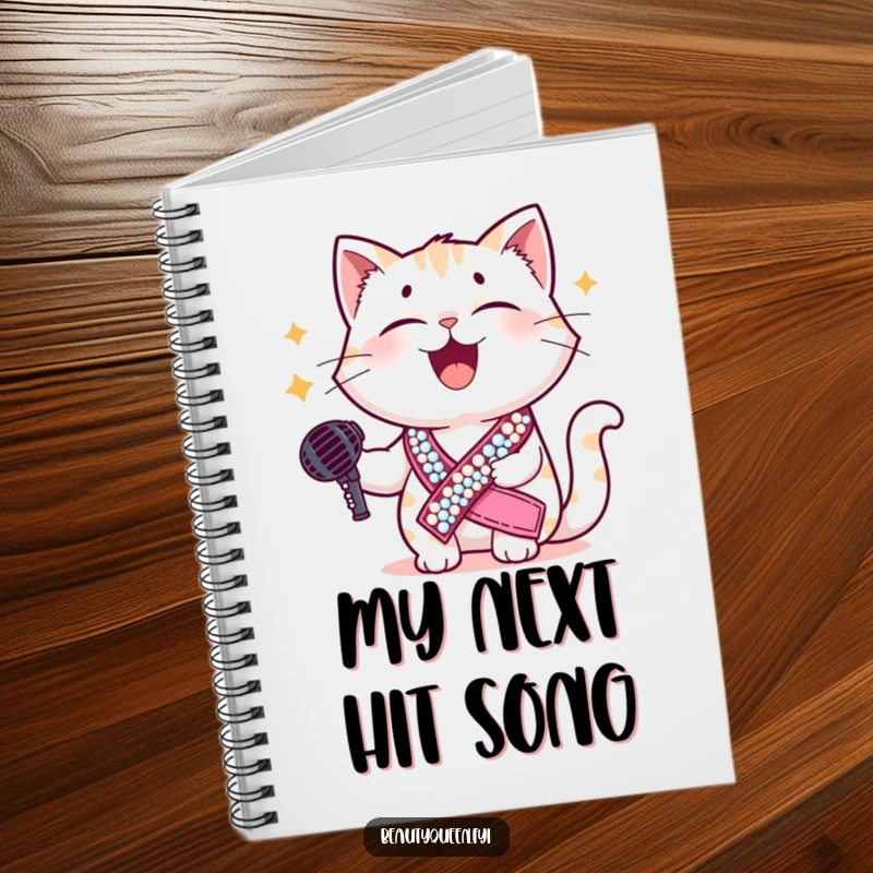 Funny cat notebook with a giggling cat in a sequined sash holding a microphone, perfect for writing down hilarious lyrics or daily musings.