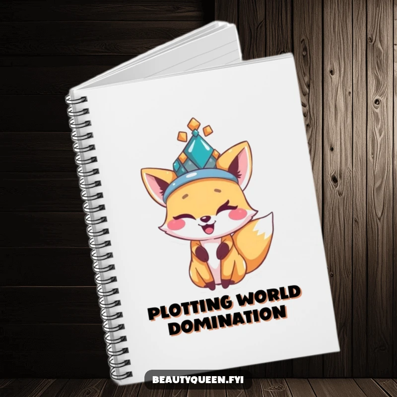 Funny happy fox wearing a bejeweled hat, winking playfully, on the cover of a chic and funny notebook.