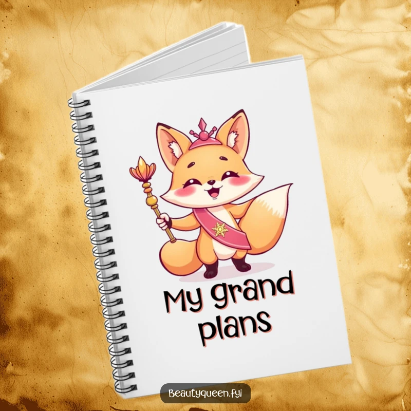 Funny notebook featuring a giggling fox in a shimmering sash, posing triumphantly with a scepter, perfect for royal scribbles.