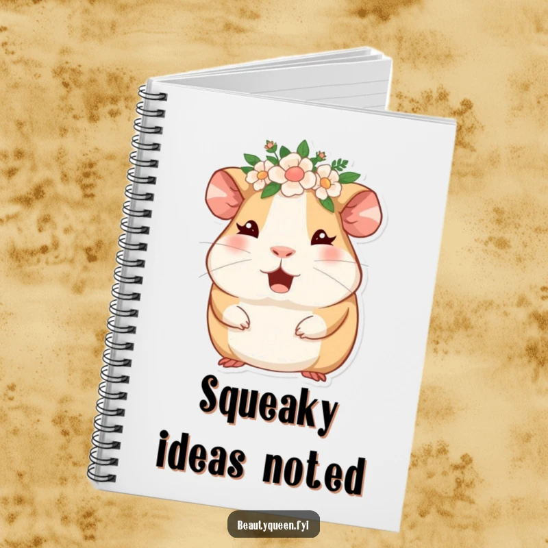 Funny guinea pig with a floral crown, winking enthusiastically, on a whimsical notebook cover. Cute and inspiring for notes.
