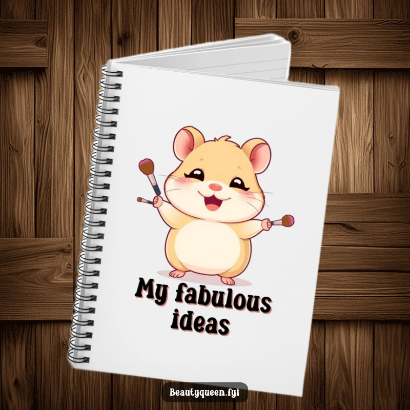 Funny notebook cover with a giggling hamster juggling makeup brushes, perfect for capturing notes and creative sparks.
