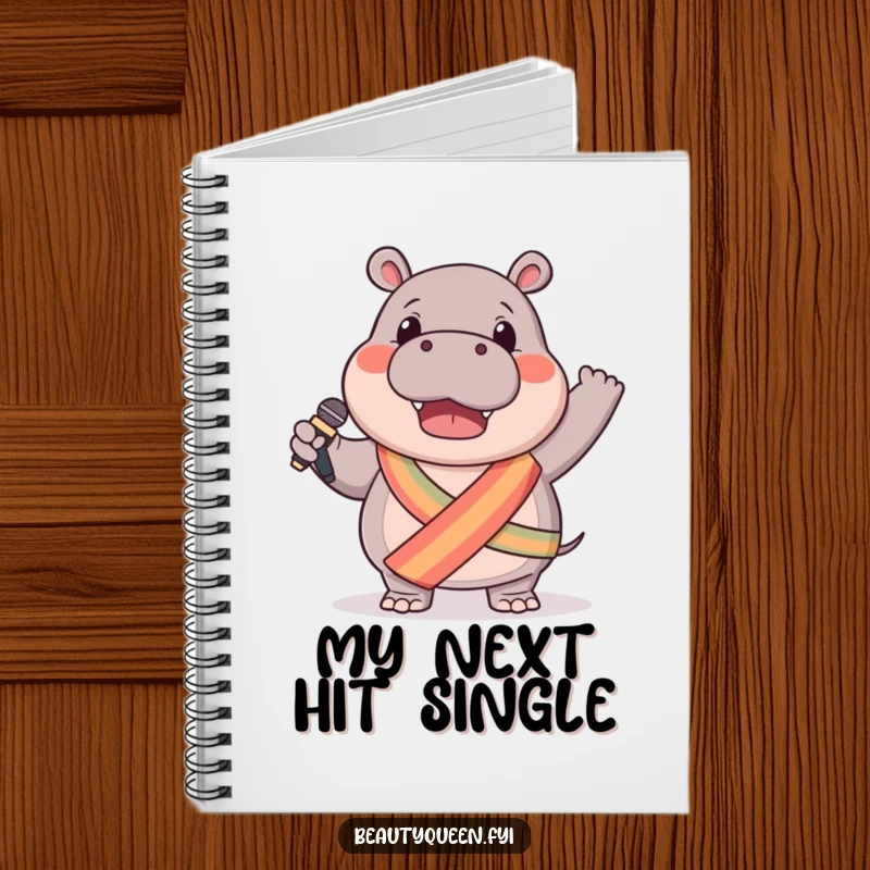 Funny hippo notebook featuring a gentle hippo in a sash waving a microphone, ideal for capturing musical ideas with humor.