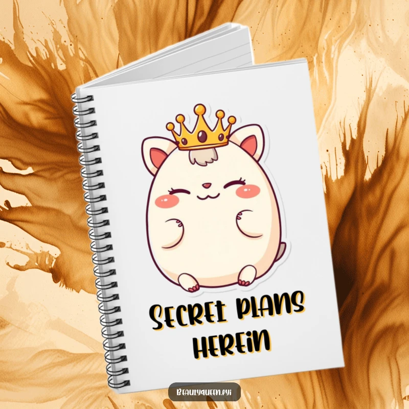 Funny notebook with a chubby animal character wearing a tiny crown, winking playfully, ideal for jotting down ideas.