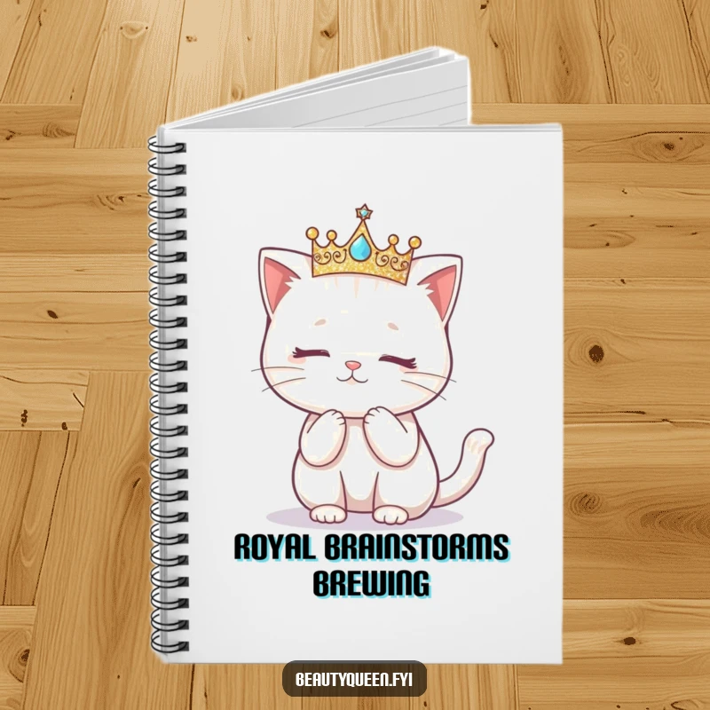 Funny notebook with a kawaii cat wearing a glittering crown, attempting a graceful curtsy.