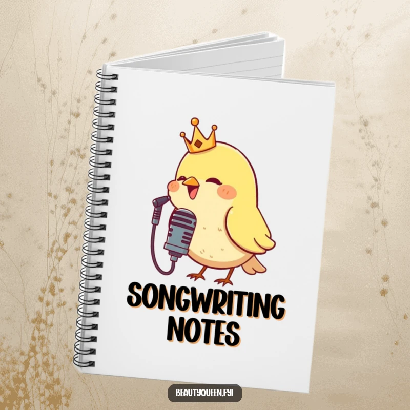 Funny notebook featuring a crowned bird singing into a microphone, designed for musicians and writers to capture their lyrical and melodic ideas.