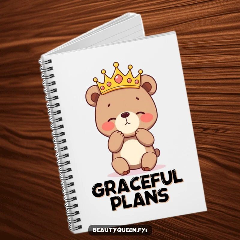 Funny notebook featuring a bashful bear cub in a crown practicing a curtsey, designed for individuals to record their thoughts with gentle humor.