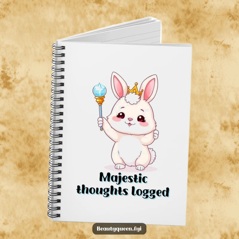 Funny bunny wearing a tiara, tossing a sparkling scepter, on a whimsical notebook cover. Magical and inspiring for notes.