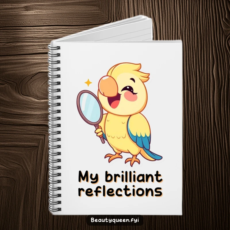 Funny parrot notebook with a joyful parrot smiling and holding a mirror, designed for jotting down brilliant ideas with a touch of avian confidence.