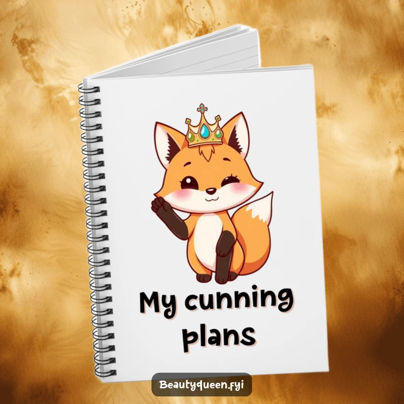 Funny playful fox with a shimmering crown poses elegantly with one paw raised, on a notebook cover.