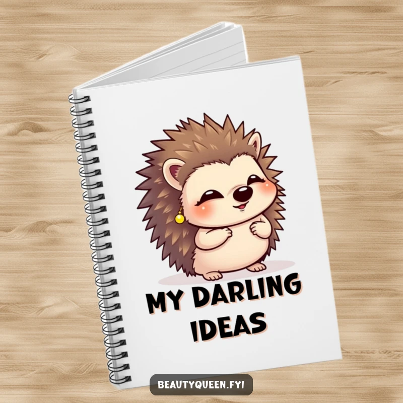 Funny giggling hedgehog wearing tiny earrings, performing a curtsy on the cover of a cute notebook.