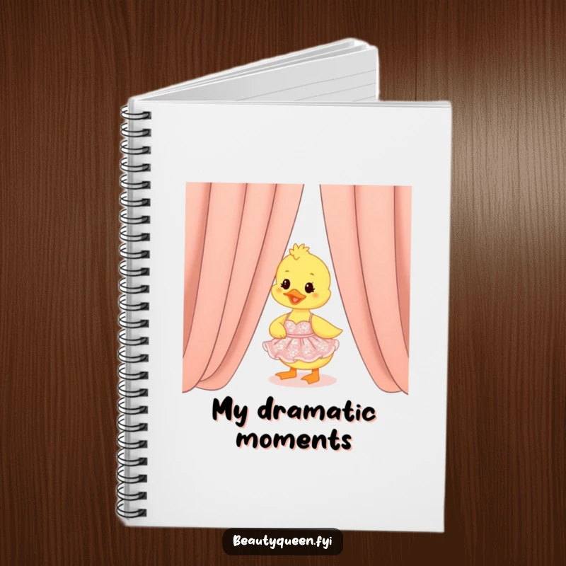 Funny duckling in a dazzling dress peeking from behind a stage curtain, a cute and funny notebook.