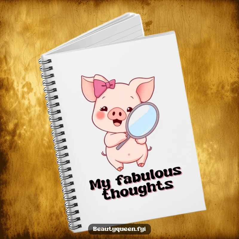 Funny piglet with a pink bow holding a mirror, smiling at its reflection, featured on a cheerful notebook cover.