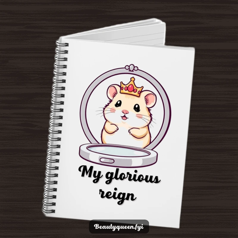 Funny notebook featuring a cute hamster queen with a petite crown, peeking from behind a large compact mirror, for royal note-taking.