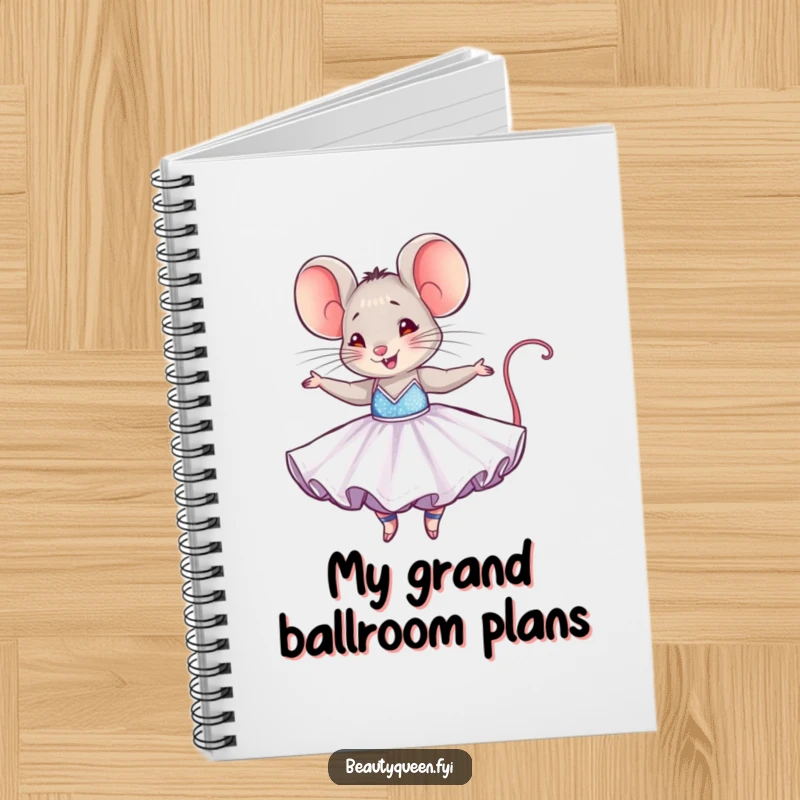 Funny mouse notebook featuring a tiny mouse in a dazzling ballgown, joyfully twirling, ideal for capturing creative ideas with grace.
