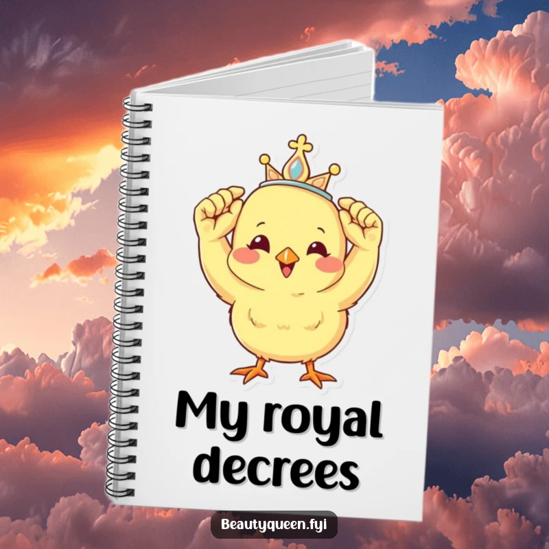 Funny notebook with a cheerful chick adjusting a miniature tiara, perfect for jotting down regal ideas or daily musings.