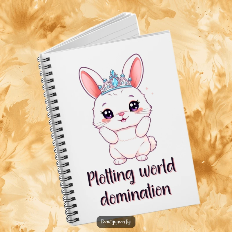 Funny bunny notebook with a fluffy rabbit wearing a sparkly tiara, striking a proud pose, perfect for jotting down hilarious royal thoughts.