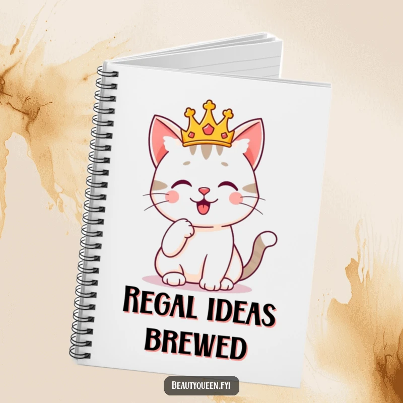 Funny cat wearing a tiny crown, poised regally with a paw on its chin, on a whimsical notebook cover. Royal and organized.