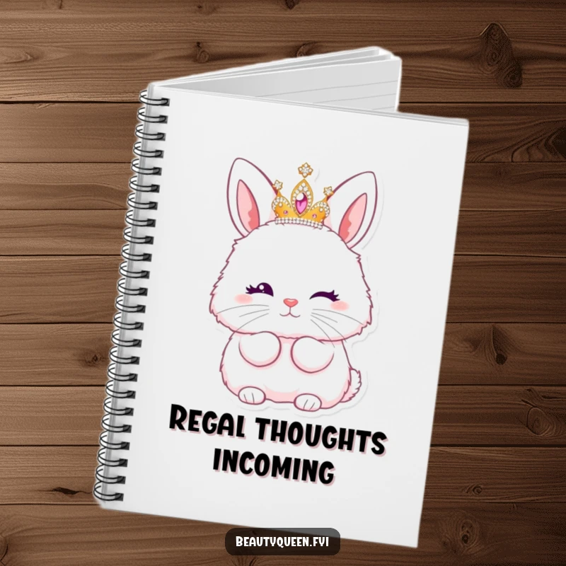 Funny notebook with a fluffy bunny princess wearing a tiara, winking and blowing a kiss.