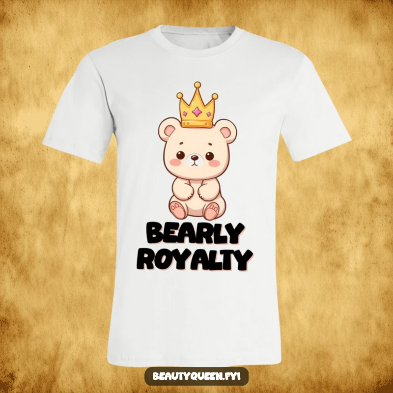 Funny bear t-shirt featuring a kawaii bear cub precariously balancing a tiny crown, perfect for cute and whimsical wear.
