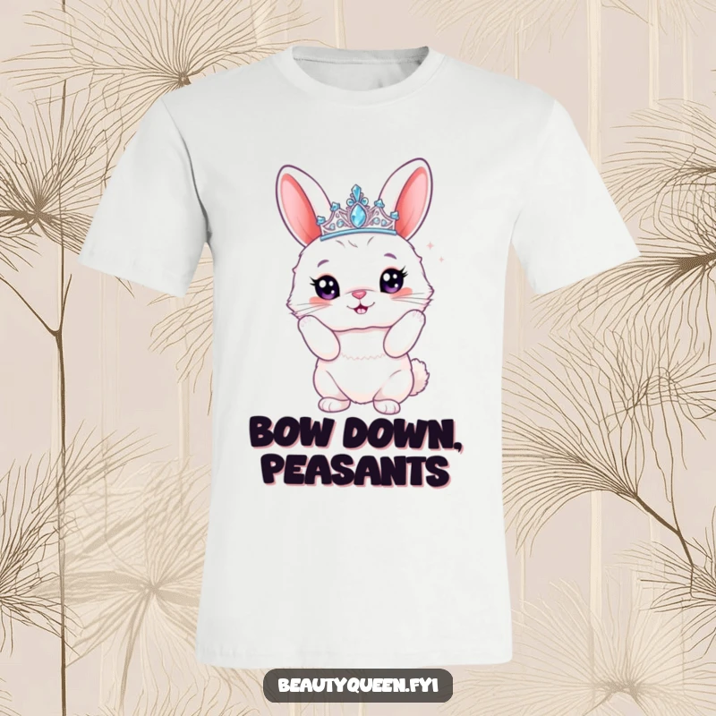 Funny bunny t-shirt showing a fluffy rabbit adorned with a sparkly tiara, striking a proud, commanding pose with hilarious queenly flair.