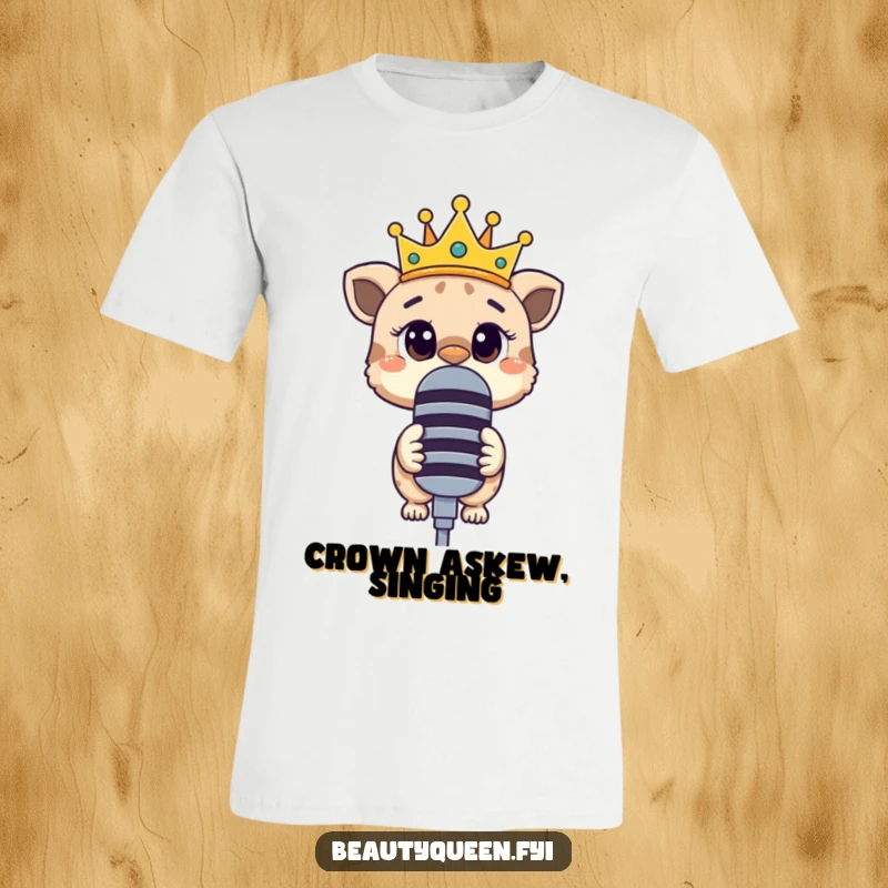 Funny t-shirt depicting a curious animal with a crooked crown, looking inquisitively over a massive microphone.
