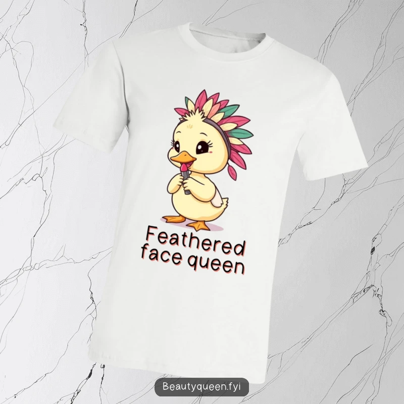 Funny tiny duckling in a vibrant feathered headdress striking a pose with a lipstick, symbolizing playful fashion.